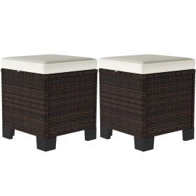 Outsunny 2 Pieces Wicker Outdoor Ottomans with Cushions, Rattan Ottoman Footrest & Side Table for Patio Yard Poolside, Beige