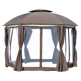 Outsunny Brown Steel Gazebo Paradise: 12x12 Party Tent with Double Roof, Curtains & Netting