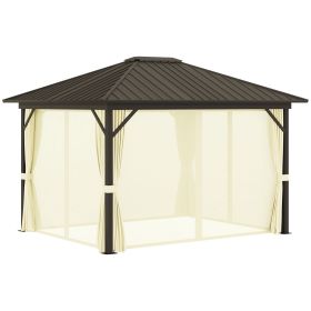Outsunny Cream Hardtop Gazebo: 11.9'x9.8' Metal Roof Canopy with Curtains & Netting Top