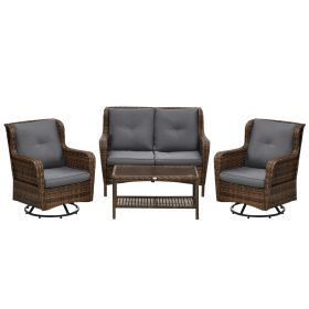 Outsunny 4 Piece Rattan Couch, with 2 Swivel Rocking Chairs, 2-Tier Glass Table and Sofa, All-Weather PE Set for Garden, Patio, Gray