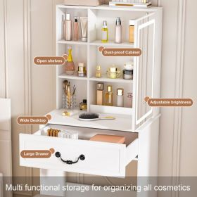 Modern Mini Dressing Table with LED-lit Mirror & Hidden Storage,Includes Padded Stool,Adjustable Brightness Vanity Desk,Multi-tier Dust-proof She