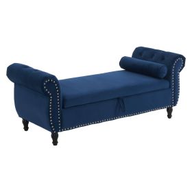 Velvet Multifunctional Storage Rectangular ottoman bench with 1 Pillow, Navy Blue