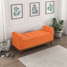 Mid-Century Modern Lift Top Storage Bench 1pc Tufted Orange Upholstered Solid Wood Walnut Finish Wooden Furniture