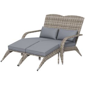 Outsunny Wicker Adirondack Chair for 2 with Cushions & Footrests, PE Rattan Double Chaise Lounge Chair, Fire Pit Chair for Porch with High-back