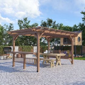 14' x 10' Outdoor Pergola, Wooden Grill Gazebo with Bar Counters and Benches for Seating, Garden, Patio, Backyard, Deck Use