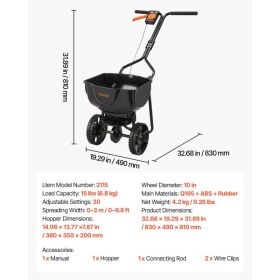 Walk-Behind Spreader, 9.8ft Spreading Width, Push Broadcast Spreader With 10" All-Terrain Tires, Adjustable Flow Control, 15lbs Capacity Hopper, (Option: Black)
