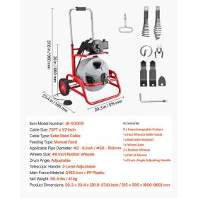 Drain Cleaner Machine 75 FT X 1/2 Inch, Sewer Snake Auger On Wheels, Manual Feed Drain Cleaning Machine With Adjustable Drum Angle, 6 Cutters & A (Option: Black)