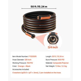 Garden Hose, 50 Ft 5/8" Heavy Duty 4-Layer Rubber Water Hose, 150PSI Working & 600PSI Burst, Flexible & Non-kink Outdoor Waterhose With 3/4" Fitt (Option: Default)