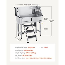 34" Dog Washing Station, Stainless Steel Pet Grooming Tub Bathtub, Professional Dog Wash Sink With Shower, Faucet, Soap Holder, Non-Slip Stairs E (Option: Black)