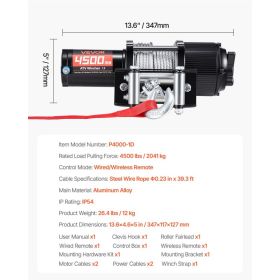 4500 Lbs Electric Winch, 12V DC ATV/UTV Winch With Φ0.24 In X 39.4 Ft Steel Wire Rope, Wireless & Wired Remote Control, IP54 Waterproof, Roller F (Option: Black)