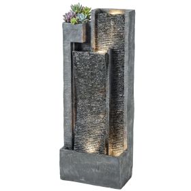40" Tall Outdoor Waterfall Fountain with LED Lights and Planter, 3-Tier Cascading Waterfall Feature with Pump, Dark Gray (Option: Dark Gray-485x295x1130 mm)