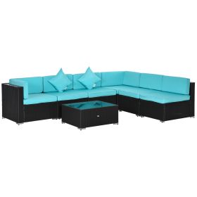 7-Piece Patio Furniture Set, Outdoor Wicker Conversation Set, All Weather PE Rattan Sectional Sofa Set with Cushions and Tempered Glass Top Coff (Option: Turquoise-730x440x720 mm)
