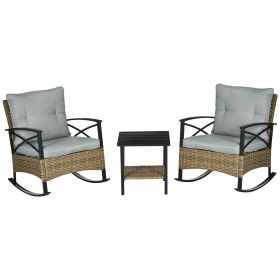 3 Piece Patio Rocking Chair Set, Outdoor Wicker Bistro Set with 2 Oversize Cushioned Porch Rockers and 2 Tier Coffee Table for Garden, Porch, Ba (Option: Light Gray-770x450x640 mm)