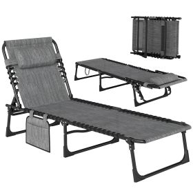 Chaise Lounge Chair Outdoor, 5-Position Adjustable Sun Tanning Chair with Carrying Handle and Side Pocket, Folding Bed Cot with Removable Pillow (Option: Grey-760x140x610 mm)