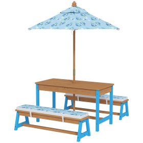 Kids Picnic Table Set with Foldable Umbrella, Removable Cushions & Boxes, Dinosaur Theme, Blue (Option: Blue-960x330x360 mm)