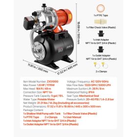 1.6 HP Shallow Well Pump With Pressure Tank, 120V 1320 GPH, Stainless Steel Irrigation Jet Pump With 5-Gal Pressure Tank, Automatic Water Booster (Option: Black)