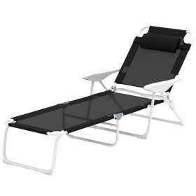 Folding Chaise Lounge, Outdoor Sun Tanning Chair, 4-Position Reclining Back, Armrests, Removable Pillow, Black (Option: Black-895x150x660 mm)
