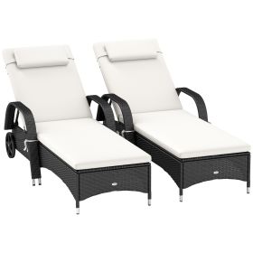 2 Reclining Chaise Lounge Chairs, Rolling Outdoor Chairs with Cushion, Pillow, Headrest, Armrests, and Wheels, Cream (Option: Deep Coffee, Cream White-1190x580x415 mm)