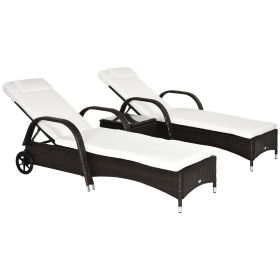 Wicker Outdoor Chaise Lounge Chair Set of 3 with Side Table, 5-Level Adjustable Backrest PE Rattan Pool Lounge Chair with Wheels, Cushion & Head (Option: Brown, Cream White-1230x530x290 mm)