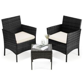 Three-piece Garden Furniture Set, Woven Outdoor Polyethylene Rattan Furniture, Equipped With A Coffee Table And Washable Cushions (Option: Black)