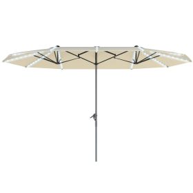 15ft Double-Sided Outdoor Umbrella with Solar Lights, UPF50+ Extra Large Aluminum Patio Umbrella with Crank, Cream White (Option: Cream White-1640x455x165 mm)