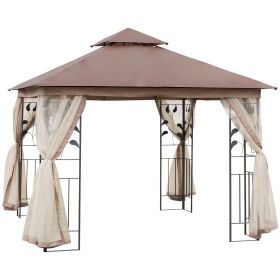  10' x 10' Metal Patio Gazebo, Double Roof Outdoor Gazebo Canopy Shelter with Tree Motifs Corner Frame and Netting, for Garden, Lawn, Backyard, a (Option: Black and Brown-1990x440x185 mm)