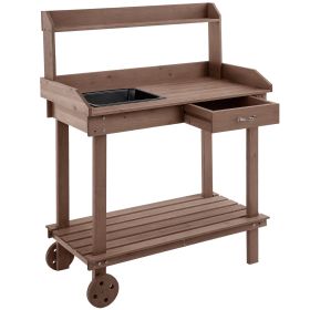 36" Wooden Potting Bench Work Table with 2 Removable Wheels, Garden Workstation with Removable Sink, Drawer & Large Storage Spaces, Brown (Option: Brown-1030x200x525 mm)