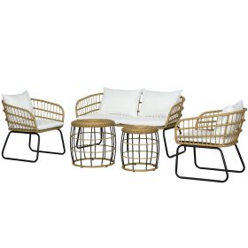 5 Piece PE Rattan Outdoor Furniture Set with Cushioned Chairs, Loveseat Sofa & Stackable Coffee Tables, Cream White (Option: Cream White-580x580x540 mm)