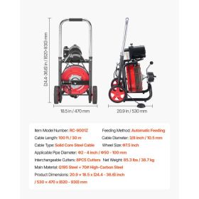 Drain Cleaner Machine 100 FT X 3/8 Inch, Auto Feed Sewer Snake Auger On Wheels - With 8 Cutters & Air-Activated Foot Switch For 2" To 4" Pipes (Option: Black)