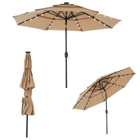 10FT 3-Tier Solar Patio Umbrella With 32 LED Lights, Outdoor Umbrellas With Push Button Tilt And Crank (Option: Khaki)