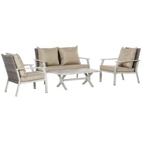 4 Pieces Patio Furniture Set with Cushions, Outdoor Wicker Conversation Sofa Sets, Aluminum Frame Sofa Sets for Backyard, Poolside, Garden, Beig (Option: Grey-1180x380x630 mm)