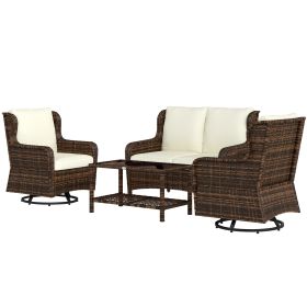 4 Piece Rattan Patio Furniture Set, Conversation Set with Swivel Glider Chairs Table Loveseat for Garden, Patio, Cream (Option: Cream White-910x750x330 mm)