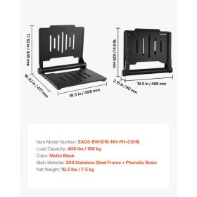 Foldable Shower Seat Wall Mounted, 17.8" Folding Shower Bench With Supportive Backrest, Plastic Fold-Down Bathroom Corridor Seat With Stainless S (Option: Black)