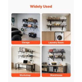 2-Tier Heavy Duty Wall Garage Shelving, 2 X 4 Ft Steel Wall Mounted Shelving Unit With Hooks, 24 X 48 Inch Per Shelf Floating Storage Metal Rack (Option: Black)