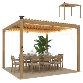 10' x 10' Louvered Pergola with Solar LED lights, Metal Roof, Outdoor Pergola Patio Gazebo with Drainage Gutters, Brown (Option: Brown-2300x230x225 mm)