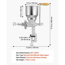 Manual Grain Mill With High Hopper, Hand-Crank Corn Grinder, Heavy Duty Cast Iron Wheat Grinding Mill With Stable Table Clamp For Grains Spices C (Option: Black)