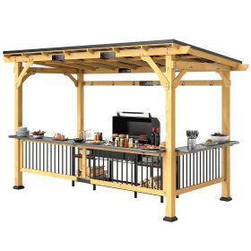 13' x 6' Wooden BBQ Grill Gazebo, Outdoor Hardtop Grill Gazebo with Metal Roof, 2 Bar Shelves and 6 Hooks, Natural (Option: Natural Wood-2400x230x210 mm)
