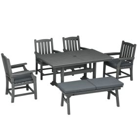 6 Pieces Patio Dining Set, 6 Seater Outdoor Table and Chairs, Conversation Furniture, Armrests, Loveseat Bench, Dinner Table with Umbrella Hole, (Option: Gray-1010x550x330 mm)