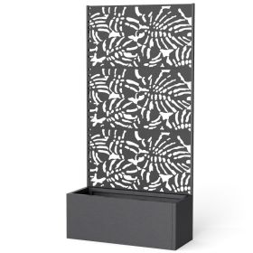Metal Planter Box with Trellis, 71" Tall Raised Garden Bed with Privacy Screen and Drainage Holes, Banana-Leaf Cut-Outs (Option: Black-1020x550x245 mm)