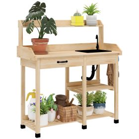 Potting Bench Table, Outdoor Garden Table Wooden Work Station with Removable Sink, Faucet, Drawer, Shelves, Hooks, Natural Wood (Option: Natural Wood-1210x515x205 mm)