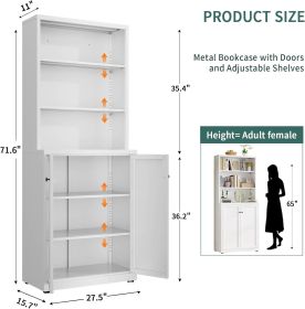 Adjustable Metal Bookcase, 71.6" Tall Bookshelf with 2 Doors and Storage Shelves, 6 Tier Large Book Case (Color: White)