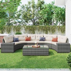 8-pieces Outdoor Wicker Round Sofa Set, Half-Moon Sectional Sets All Weather, Curved Sofa Set With Rectangular Coffee Table (Color: beige)