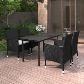 5 Piece Patio Dining Set with Cushions Poly Rattan and Glass (Color: Black)