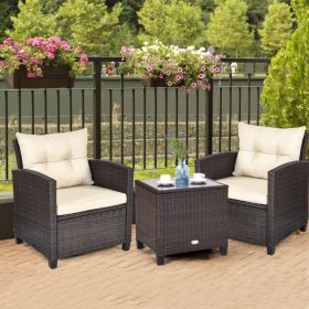 3 Pieces Rattan Patio Furniture Set with Washable Cushion (Color: beige)