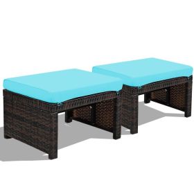 2 Pieces Patio Rattan Ottomans with Soft Cushion for Patio and Garden (Color: Turquoise)