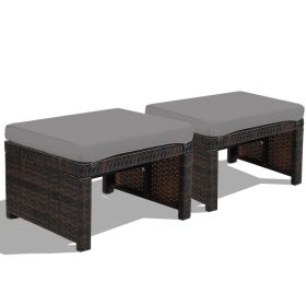 2 Pieces Patio Rattan Ottomans with Soft Cushion for Patio and Garden (Color: Gray)