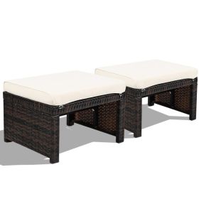 2 Pieces Patio Rattan Ottomans with Soft Cushion for Patio and Garden (Color: White)