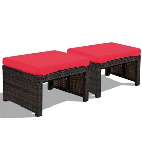 2 Pieces Patio Rattan Ottomans with Soft Cushion for Patio and Garden (Color: Red)