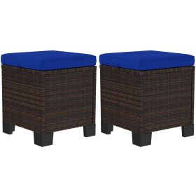 2 Piece Wicker Outdoor Ottomans with Cushions, Rattan Ottoman Footrest and Side Table for Patio, Yard, Poolside, Dark Blue (Option: Dark Blue-430x430x320 mm)