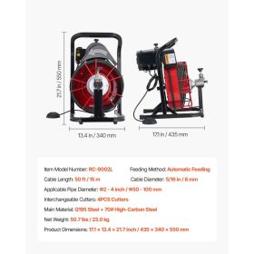 Drain Cleaner Machine 50 FT X 5/16 Inch, Auto Feed Sewer Snake Auger With 4 Cutters & Air-Activated Foot Switch For 2" To 4" Pipes (Option: Black)